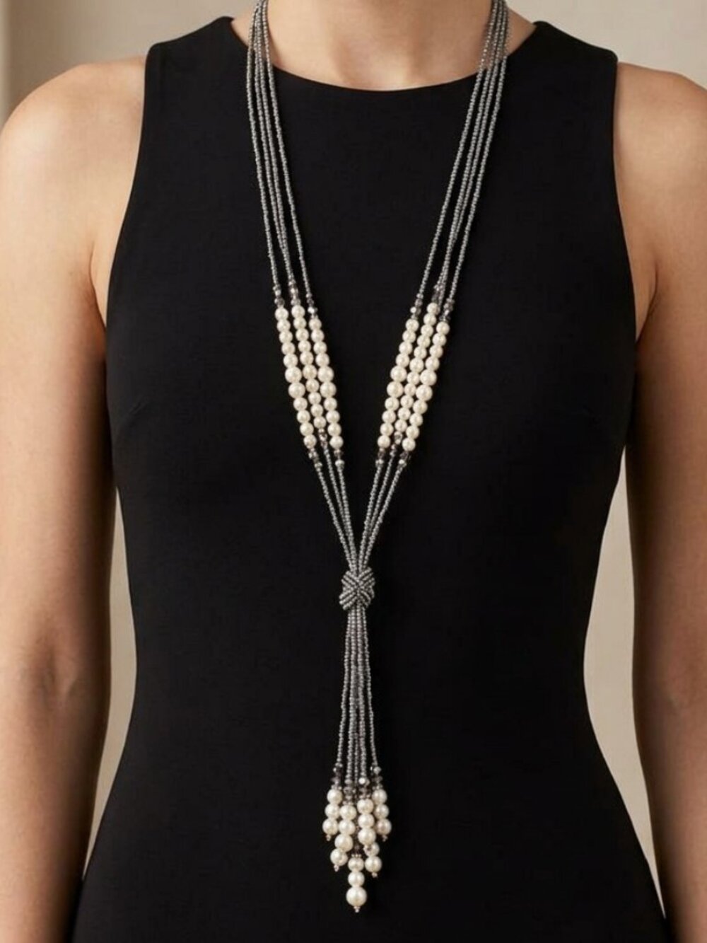 Long Beaded Necklace Silver Tone Seed Beads, White Pearls & Faceted Glass Beads